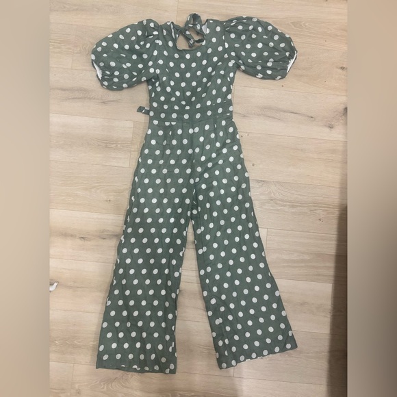 NWT Anthropologie Faithfull the Brand Green Linen Open Back Polka Dot Jumpsuit - Picture 3 of 7